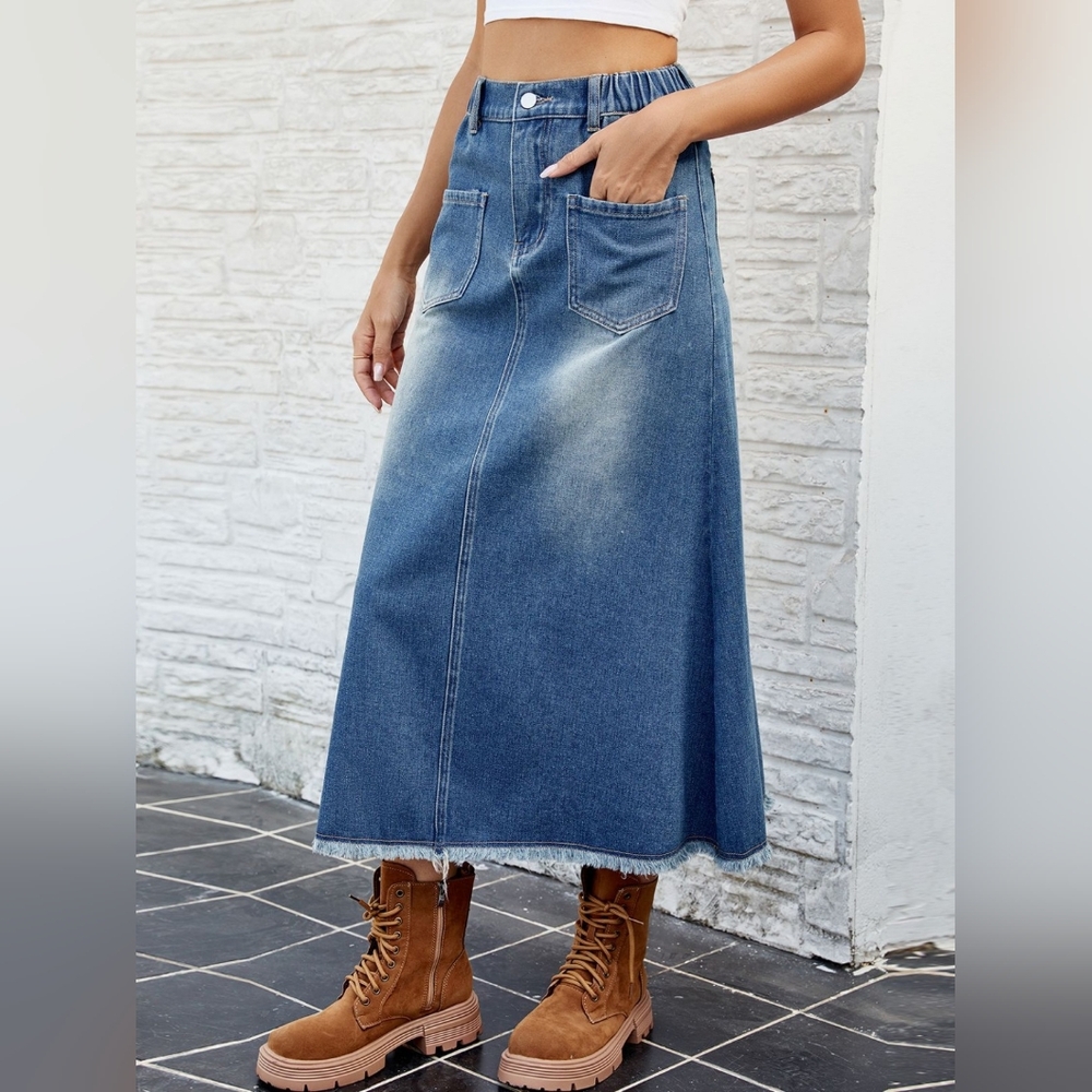 Retro Patch Pocket High-Rise Elastic Waist Raw  Hem Denim Blue Jean Midi Skirt